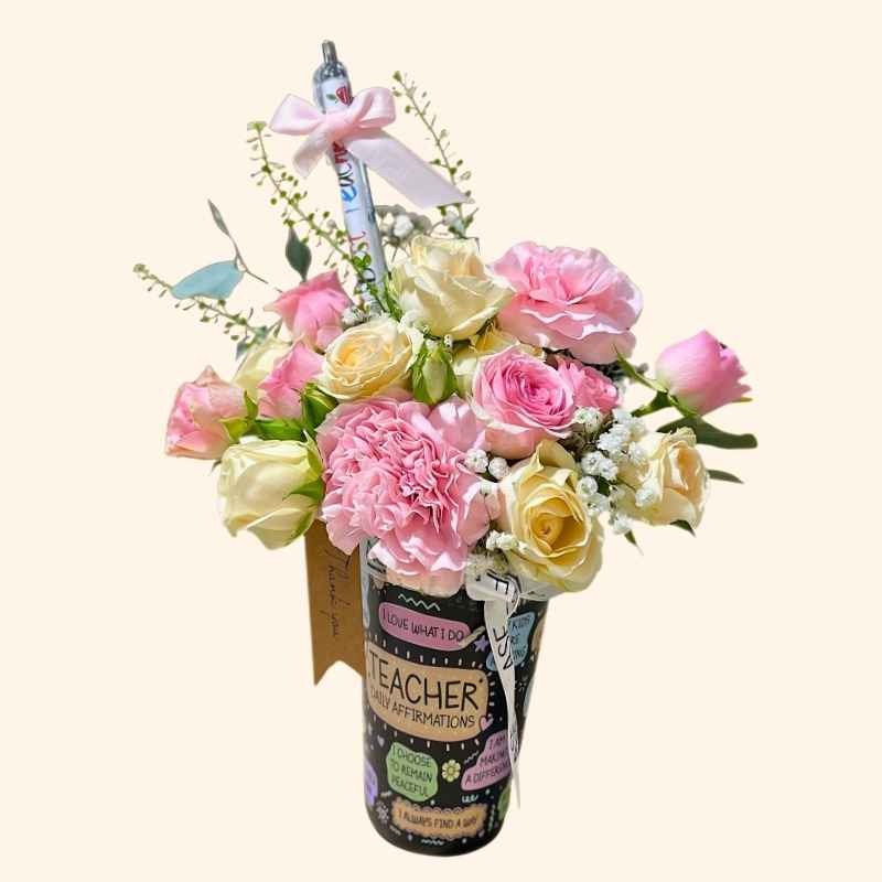 Roses arrangement teachers day cup with pen