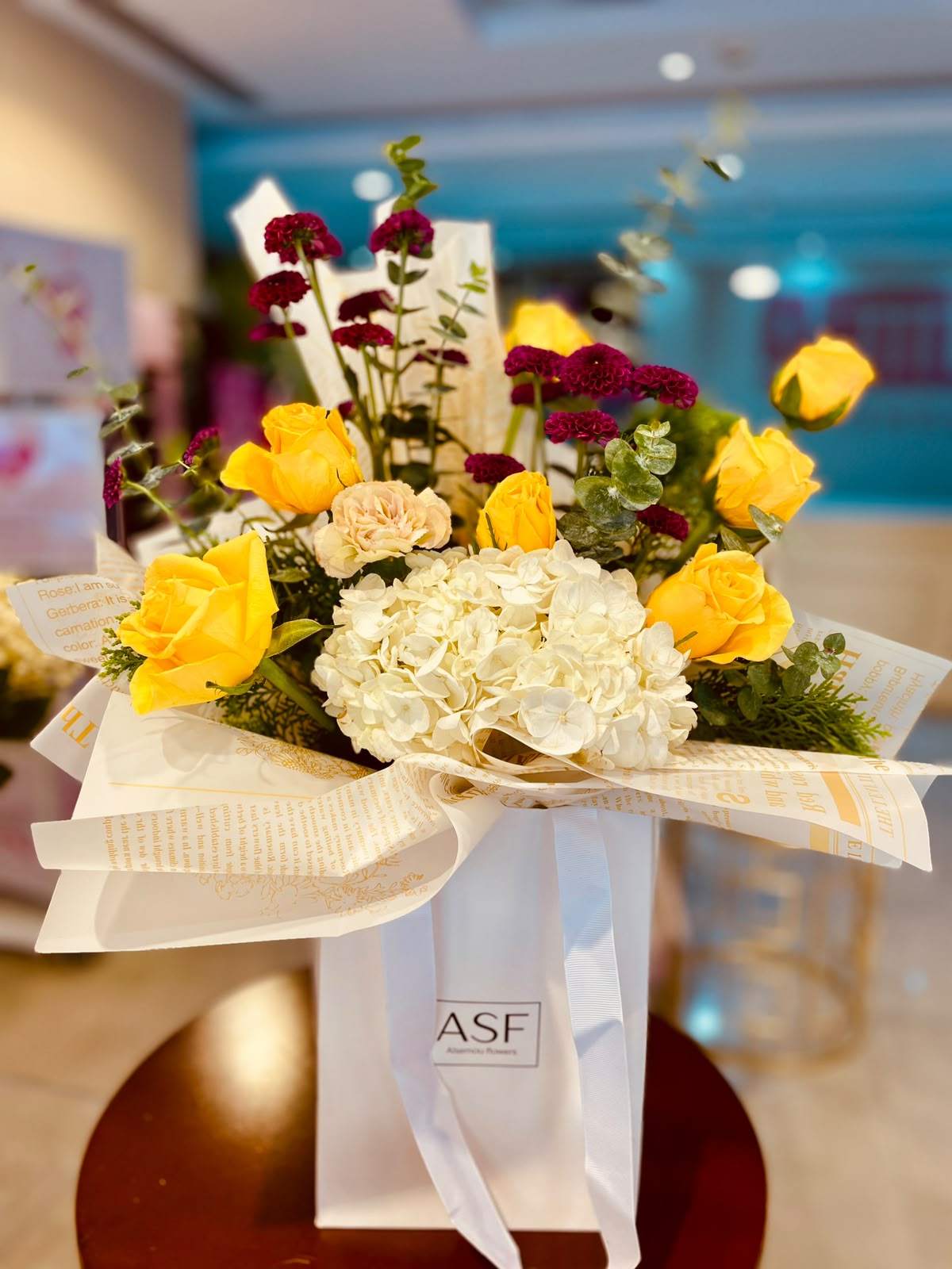 yellow,purple flowers bouquet